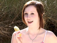 Juicy Victoria Inserts Food In Her Shaved Pussy Outdoors