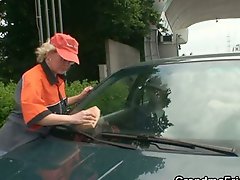Two dudes pick up old bitch and screw her hard