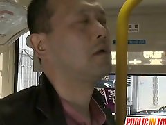 Amateur Japanese gives handjob in bus