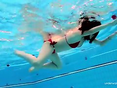 Sexy red bikini on a girl swimming in the pool