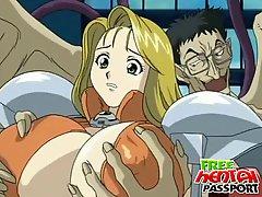 Large titted Blonde manga doxy gets pounded by a long tentacle