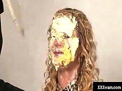 Dirty blonde dike and her hot lesbian lover take a filthy bath in cake and syrup