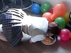 Doggy-feeding a humiliated Japanese schoolgirl off the floor