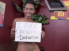 Short haired ugly black chick Ashton Devine shows off cum shot on her face
