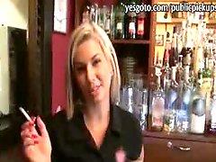 Filthy amateur blondie girl flashed boobs and banged in the bar
