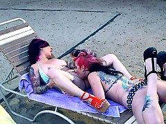 Outdoor lesbian action with emo babes