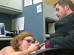 Office slut Ava Rose in glasses gives mouth job at work and then strips down to her bare skin. Attractive honey with big bubble ass gets her asshole licked by hot guy after cock sucking.