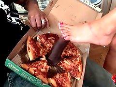 Footjob for cock covered in pizza