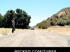 Hot blonde Nicole Aniston picks up a hitchhiker for roadside sex