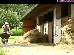 Blonde girl gets mouthfucked in the french farm