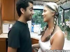 Busty blonde babysitter blows him and gets both holes nailed in the kitchen
