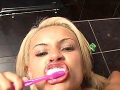 BlondeJasmin jafar performs soapy solo masturbation before fucking and sucking dick