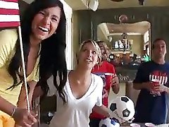 Naughty girls turn cheering into group sex action