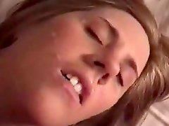 Cute blonde teen GF gives intensive blowjob and her fella cums on her