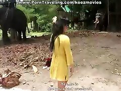 Brunette babe gets face fucking by elephant black dick then goes to visit the elephants 