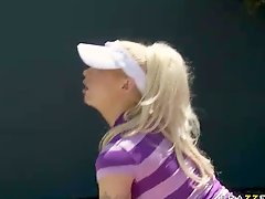 Big jugged tennis blonde Candy Manson gets hardored in the sun