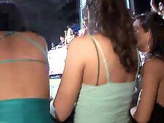 Girls wearing miniskirts get caught on a voyeurs cam in a club